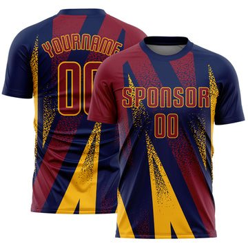 Custom Navy Crimson-Gold Radial Burst Sports Sublimation Soccer Uniform Jersey