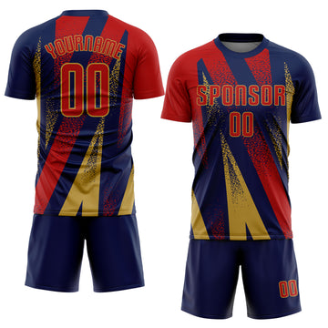 Custom Navy Red-Old Gold Radial Burst Sports Sublimation Soccer Uniform Jersey