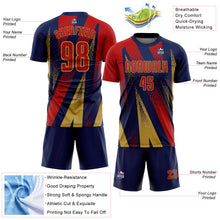 Charger l'image dans la galerie, Custom Navy Red-Old Gold Radial Burst Sports Sublimation Soccer Uniform Jersey
