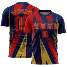 Charger l'image dans la galerie, Custom Navy Red-Old Gold Radial Burst Sports Sublimation Soccer Uniform Jersey
