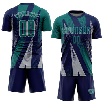 Custom Navy Teal-Gray Radial Burst Sports Sublimation Soccer Uniform Jersey