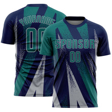 Charger l'image dans la galerie, Custom Navy Teal-Gray Radial Burst Sports Sublimation Soccer Uniform Jersey
