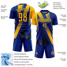 Загрузить изображение в средство просмотра галереи, Custom Royal Gold-Black Radial Burst Sports Sublimation Soccer Uniform Jersey
