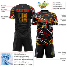Загрузить изображение в средство просмотра галереи, Custom Black Red Old Gold-White Abstract Geometric Stripes Sports Sublimation Soccer Uniform Jersey
