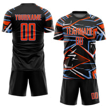 Загрузить изображение в средство просмотра галереи, Custom Black Orange Powder Blue-White Abstract Geometric Stripes Sports Sublimation Soccer Uniform Jersey
