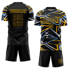 Charger l'image dans la galerie, Custom Black Light Blue Gold-White Abstract Geometric Stripes Sports Sublimation Soccer Uniform Jersey
