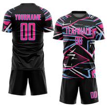 Load image into Gallery viewer, Custom Black Pink Light Blue-White Abstract Geometric Stripes Sports Sublimation Soccer Uniform Jersey
