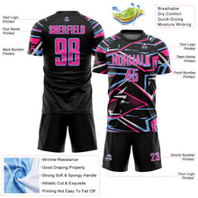 Load image into Gallery viewer, Custom Black Pink Light Blue-White Abstract Geometric Stripes Sports Sublimation Soccer Uniform Jersey
