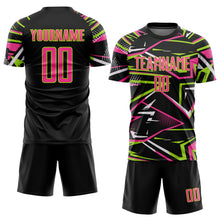 Load image into Gallery viewer, Custom Black Pink Neon Green-White Abstract Geometric Stripes Sports Sublimation Soccer Uniform Jersey

