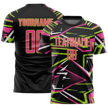Load image into Gallery viewer, Custom Black Pink Neon Green-White Abstract Geometric Stripes Sports Sublimation Soccer Uniform Jersey
