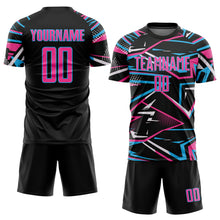 Load image into Gallery viewer, Custom Black Pink Sky Blue-White Abstract Geometric Stripes Sports Sublimation Soccer Uniform Jersey
