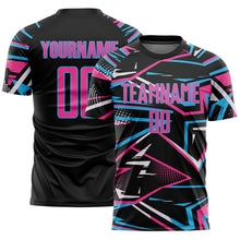 Load image into Gallery viewer, Custom Black Pink Sky Blue-White Abstract Geometric Stripes Sports Sublimation Soccer Uniform Jersey
