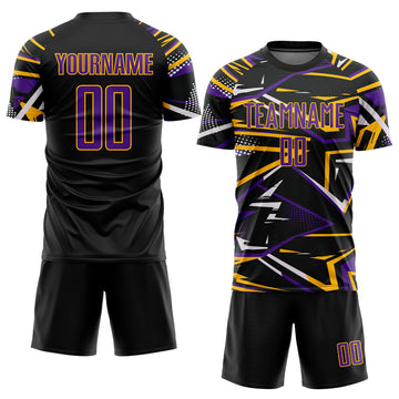 Custom Black Purple Gold-White Abstract Geometric Stripes Sports Sublimation Soccer Uniform Jersey