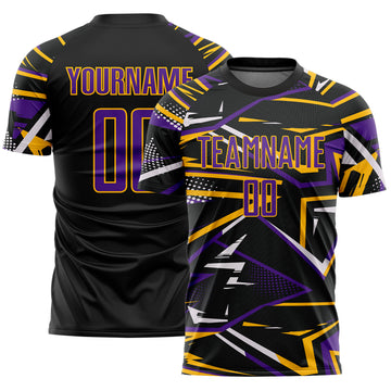 Custom Black Purple Gold-White Abstract Geometric Stripes Sports Sublimation Soccer Uniform Jersey