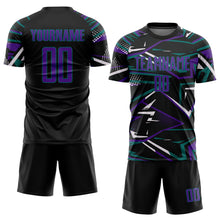 Laden Sie das Bild in den Galerie-Viewer, Custom Black Purple Teal-White Abstract Geometric Stripes Sports Sublimation Soccer Uniform Jersey
