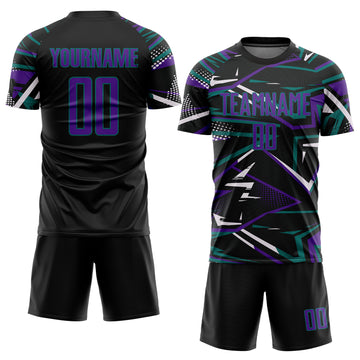 Custom Black Purple Teal-White Abstract Geometric Stripes Sports Sublimation Soccer Uniform Jersey