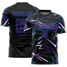 Laden Sie das Bild in den Galerie-Viewer, Custom Black Purple Teal-White Abstract Geometric Stripes Sports Sublimation Soccer Uniform Jersey
