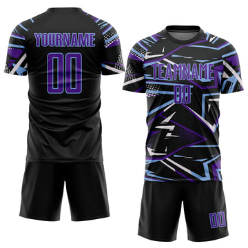 Custom Black Purple Light Blue-White Abstract Geometric Stripes Sports Sublimation Soccer Uniform Jersey