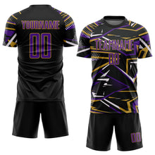 Charger l'image dans la galerie, Custom Black Purple Old Gold-White Abstract Geometric Stripes Sports Sublimation Soccer Uniform Jersey
