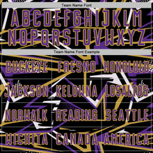 Charger l'image dans la galerie, Custom Black Purple Old Gold-White Abstract Geometric Stripes Sports Sublimation Soccer Uniform Jersey
