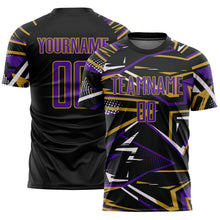 Charger l'image dans la galerie, Custom Black Purple Old Gold-White Abstract Geometric Stripes Sports Sublimation Soccer Uniform Jersey
