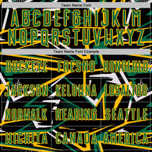 Load image into Gallery viewer, Custom Black Kelly Green Gold-White Abstract Geometric Stripes Sports Sublimation Soccer Uniform Jersey
