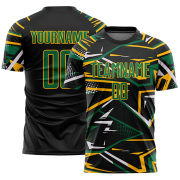 Custom Black Kelly Green Gold-White Abstract Geometric Stripes Sports Sublimation Soccer Uniform Jersey