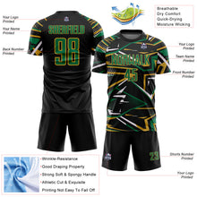 Charger l'image dans la galerie, Custom Black Kelly Green Old Gold-White Abstract Geometric Stripes Sports Sublimation Soccer Uniform Jersey

