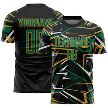 Charger l'image dans la galerie, Custom Black Kelly Green Old Gold-White Abstract Geometric Stripes Sports Sublimation Soccer Uniform Jersey
