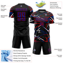 Загрузить изображение в средство просмотра галереи, Custom Black Royal Gold-White Abstract Geometric Stripes Sports Sublimation Soccer Uniform Jersey
