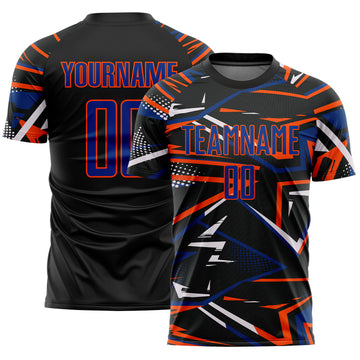 Custom Black Royal Orange-White Abstract Geometric Stripes Sports Sublimation Soccer Uniform Jersey