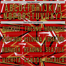 Laden Sie das Bild in den Galerie-Viewer, Custom Red Old Gold Black-White Abstract Geometric Stripes Sports Sublimation Soccer Uniform Jersey
