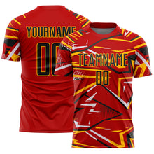 Laden Sie das Bild in den Galerie-Viewer, Custom Red Black Gold-White Abstract Geometric Stripes Sports Sublimation Soccer Uniform Jersey
