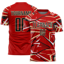 Laden Sie das Bild in den Galerie-Viewer, Custom Red Black Cream-White Abstract Geometric Stripes Sports Sublimation Soccer Uniform Jersey
