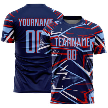 Custom Navy Light Blue Red-White Abstract Geometric Stripes Sports Sublimation Soccer Uniform Jersey