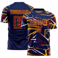 Загрузить изображение в средство просмотра галереи, Custom Navy Crimson Gold-White Abstract Geometric Stripes Sports Sublimation Soccer Uniform Jersey
