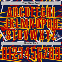 Load image into Gallery viewer, Custom Navy Red Gold-White Abstract Geometric Stripes Sports Sublimation Soccer Uniform Jersey
