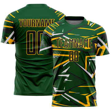 Custom Green Black Gold-White Abstract Geometric Stripes Sports Sublimation Soccer Uniform Jersey