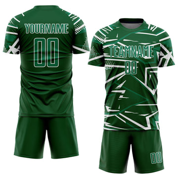 Custom Green Kelly Green-White Abstract Geometric Stripes Sports Sublimation Soccer Uniform Jersey