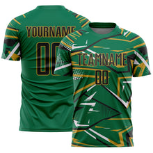 Load image into Gallery viewer, Custom Kelly Green Black Old Gold-White Abstract Geometric Stripes Sports Sublimation Soccer Uniform Jersey
