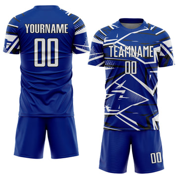Custom Royal White-Black Abstract Geometric Stripes Sports Sublimation Soccer Uniform Jersey