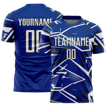 Charger l'image dans la galerie, Custom Royal White-Black Abstract Geometric Stripes Sports Sublimation Soccer Uniform Jersey

