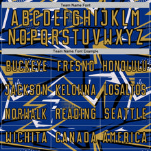 Charger l'image dans la galerie, Custom Royal Old Gold Black-White Abstract Geometric Stripes Sports Sublimation Soccer Uniform Jersey
