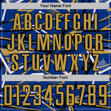 Charger l'image dans la galerie, Custom Royal Old Gold Black-White Abstract Geometric Stripes Sports Sublimation Soccer Uniform Jersey
