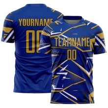 Charger l'image dans la galerie, Custom Royal Old Gold Black-White Abstract Geometric Stripes Sports Sublimation Soccer Uniform Jersey
