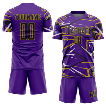 Custom Purple Black Old Gold-White Abstract Geometric Stripes Sports Sublimation Soccer Uniform Jersey