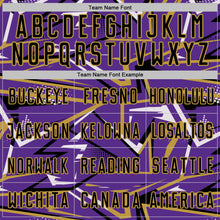 Загрузить изображение в средство просмотра галереи, Custom Purple Black Old Gold-White Abstract Geometric Stripes Sports Sublimation Soccer Uniform Jersey
