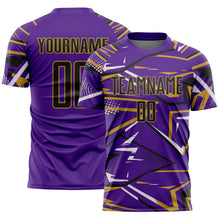 Загрузить изображение в средство просмотра галереи, Custom Purple Black Old Gold-White Abstract Geometric Stripes Sports Sublimation Soccer Uniform Jersey
