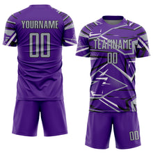 Загрузить изображение в средство просмотра галереи, Custom Purple Gray Black-White Abstract Geometric Stripes Sports Sublimation Soccer Uniform Jersey

