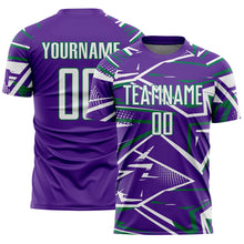 Загрузить изображение в средство просмотра галереи, Custom Purple White-Kelly Green Abstract Geometric Stripes Sports Sublimation Soccer Uniform Jersey
